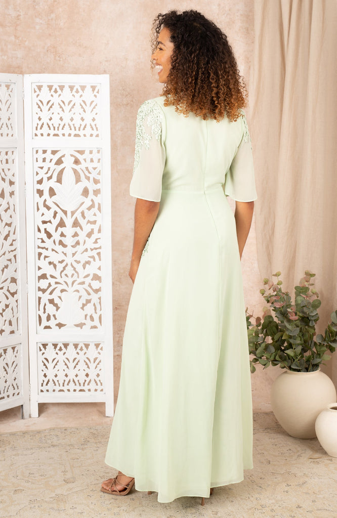 Hope & Ivy Orlagh Mint Green Embellished Flutter Sleeve Maxi Dress From Back