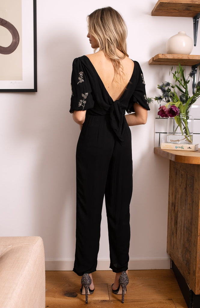 Hope & Ivy Romile Black Embellished Jumpsuit With Plunge Back