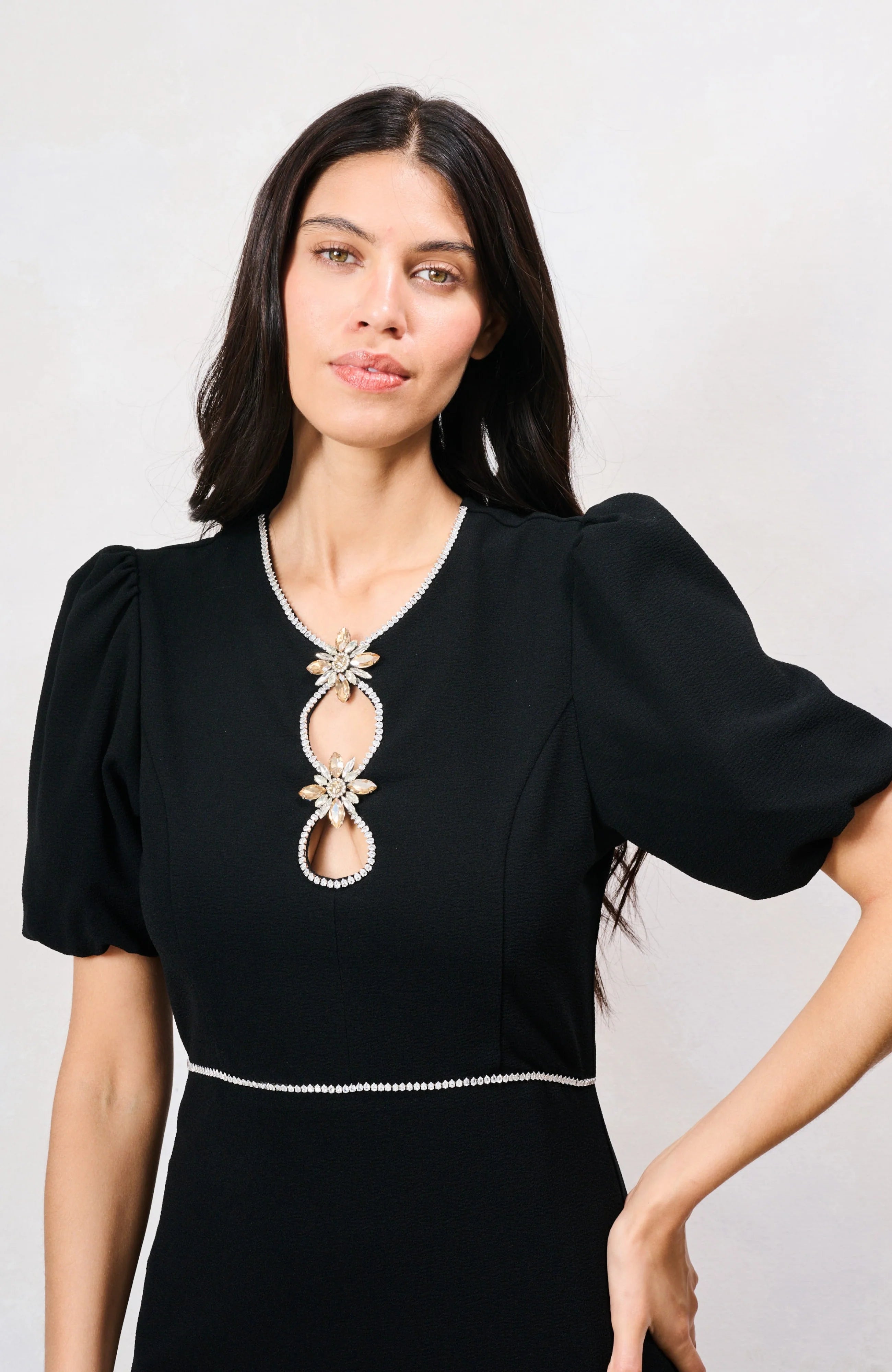 Hope & Ivy Sutton black midi dress with sparkling diamanté neckline and cut-out details – close-up