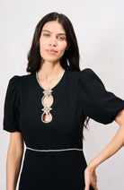 Hope & Ivy Sutton black midi dress with sparkling diamanté neckline and cut-out details – close-up