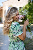 Hope & Ivy Sylvie green floral tea dress with lace neckline detail