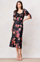 Hope & Ivy Tanya black floral satin midi dress – front model view