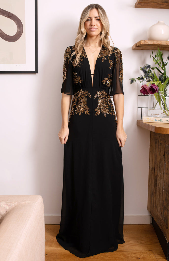 Hope & Ivy The Shay Embellished Maxi Dress With Flutter Sleeve