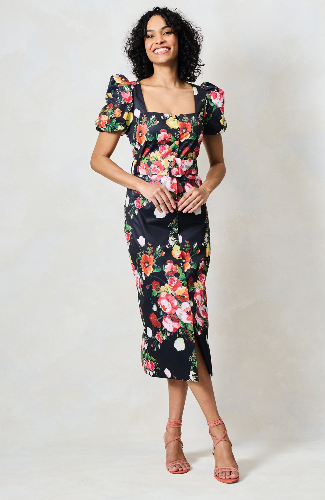 Hope & Ivy Trisha black floral midi dress front view