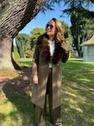 Hortons England Beaufort Cashmere Faux Fur Collar Coat in Olive Green 