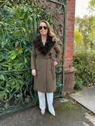 Hortons England Beaufort Olive Cashmere Faux Fur Collar Coat With A Belt 