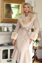 Hortons England Westminster Beige Cashmere Peplum belted Faux Fur trim Coat