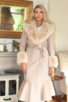 Hortons England Westminster Beige Cashmere Peplum belted Faux Fur Coat