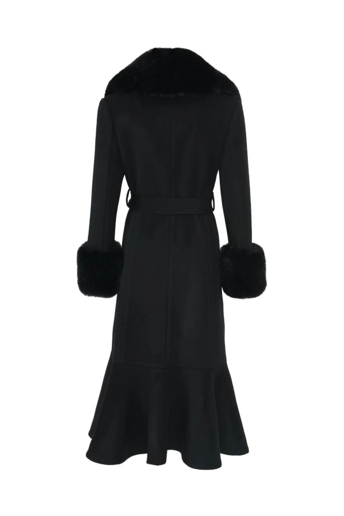 Hortons England Westminster Black Cashmere  Faux Fur Coat With Peplum Hem from the back 