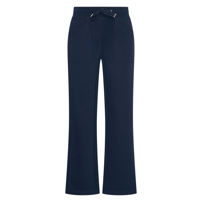 Hv Society Ivana navy bootcut casual trousers with drawstring waistband front view
