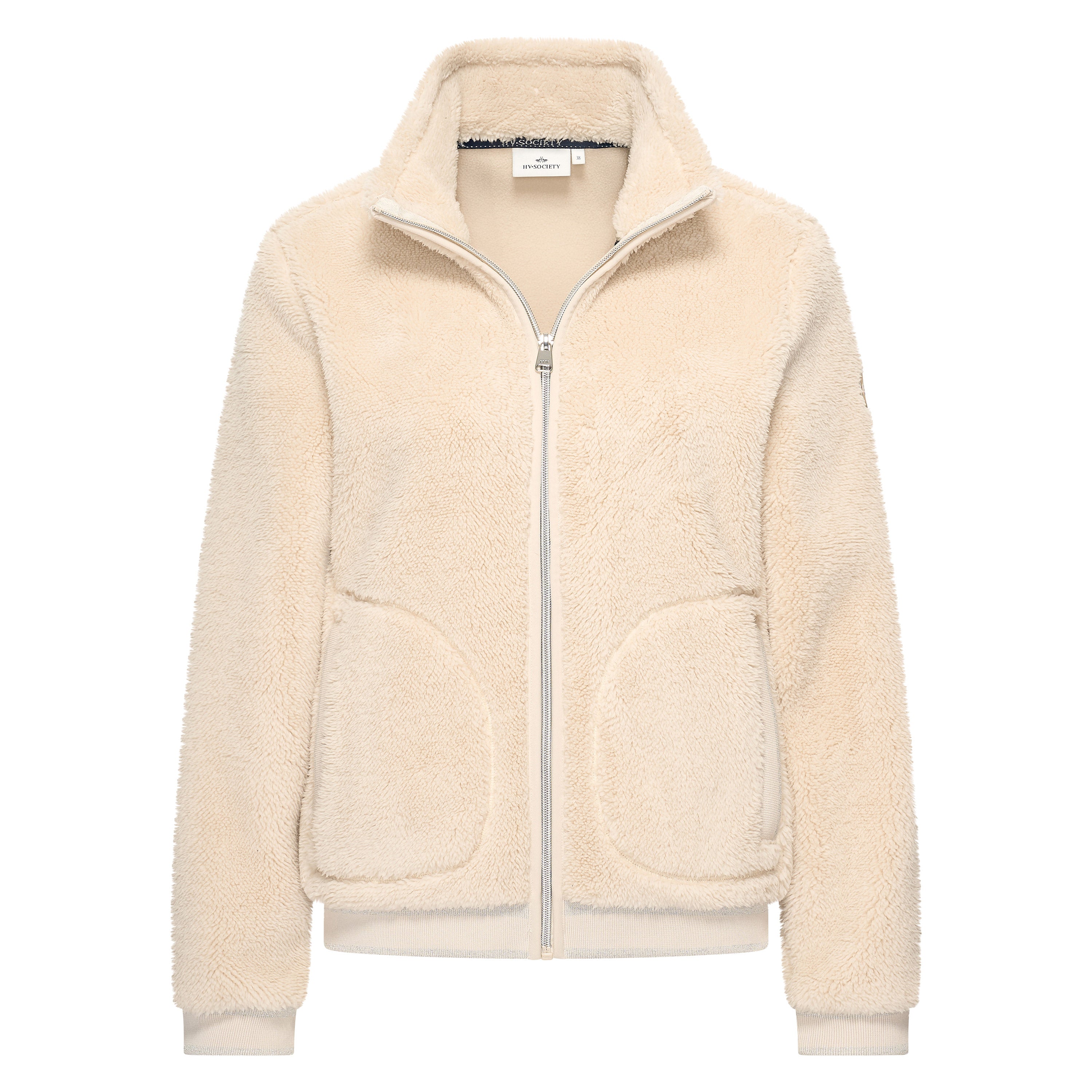 Back view of HV Society Deidre cream funnel neck fleece cardigan with pockets