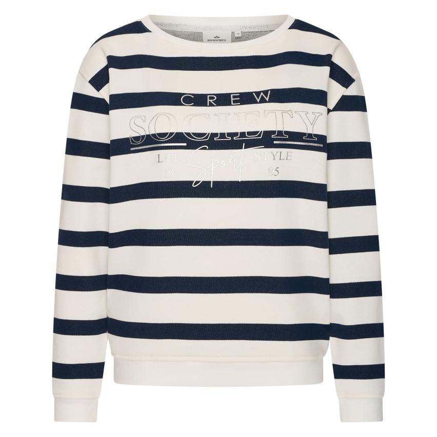 HV Society Katherine navy stripe women’s jumper front view silver Crew Society motif