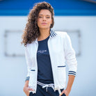 Hv Society Lauren white zip up cardigan with patch pockets and striped collar detail