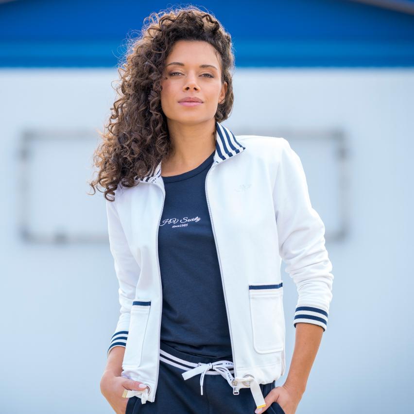 Hv Society Lauren white zip up cardigan with patch pockets and striped collar detail