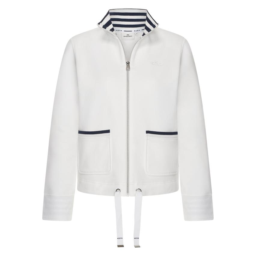Hv Society Lauren white zip up cardigan with patch pockets and striped collar detail