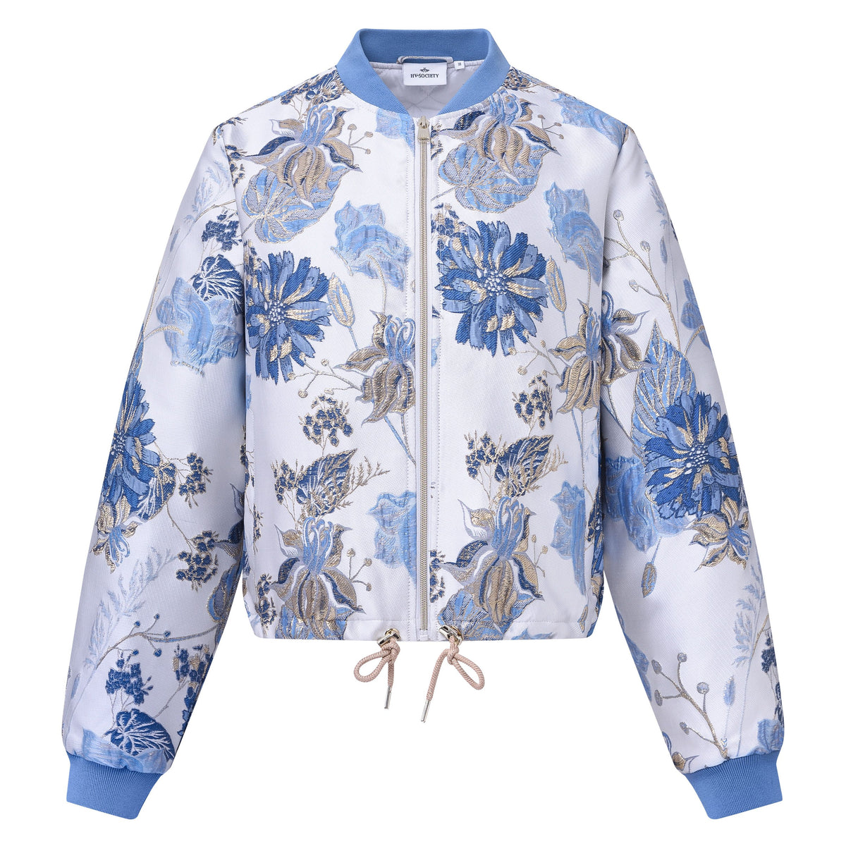 HV Society Hilmar blue floral zip bomber jacket front product view