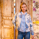 HV Society Hilmar blue floral print bomber jacket styled on model