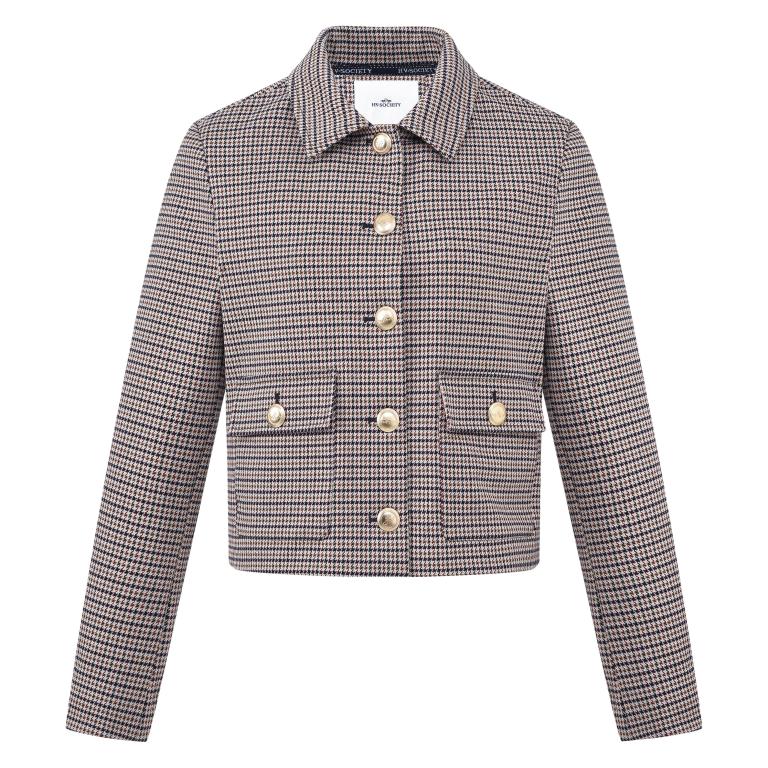 HV Society Cadence houndstooth tweed cropped jacket with statement buttons and patch pockets