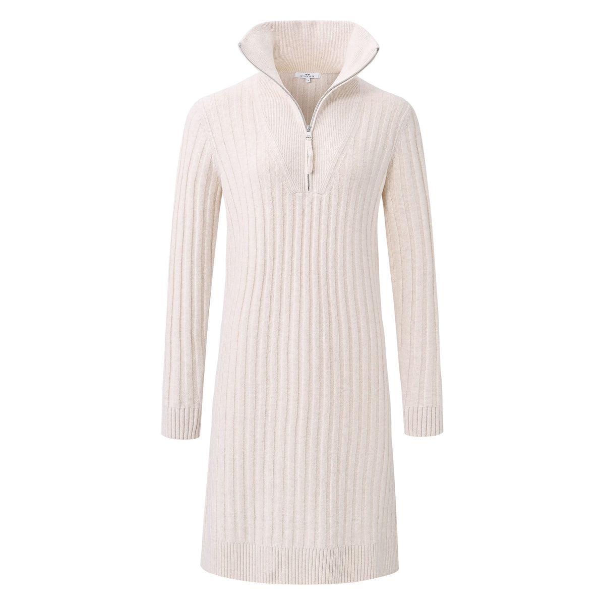 HV Society Zora cream ribbed knit zip-neck dress – front product view
