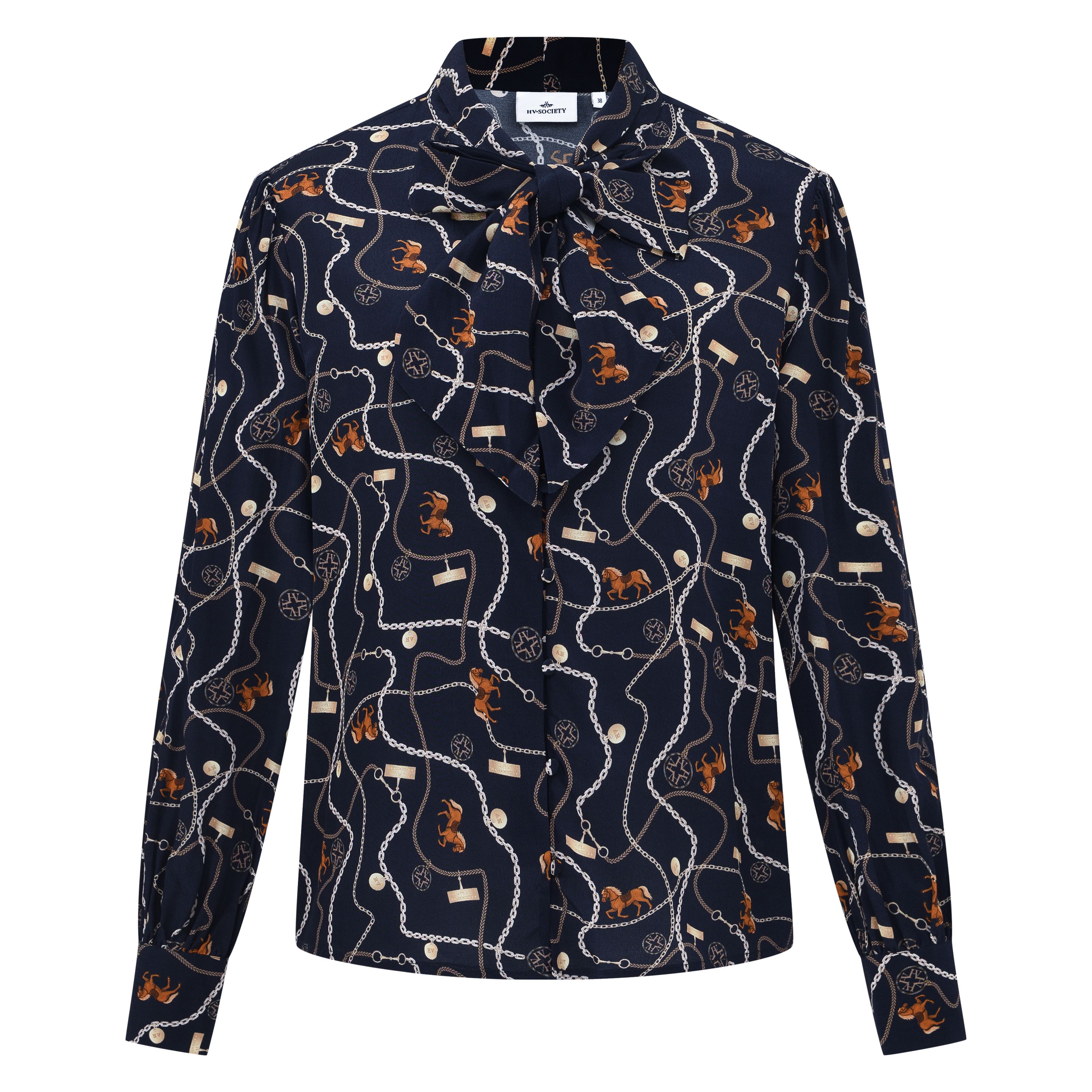 HV Society Babet navy horse print blouse with equestrian chain pattern, bow neckline and button front – front product view