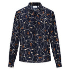 HV Society Babet navy horse print blouse with equestrian chain pattern, bow neckline and button front – front product view