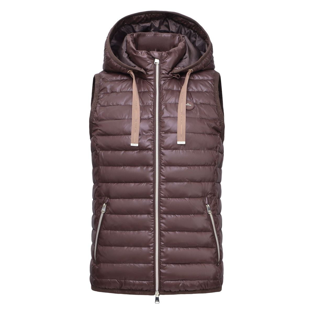 HV Society Ivanka brown hooded quilted gilet with zip front and side pockets – front product view