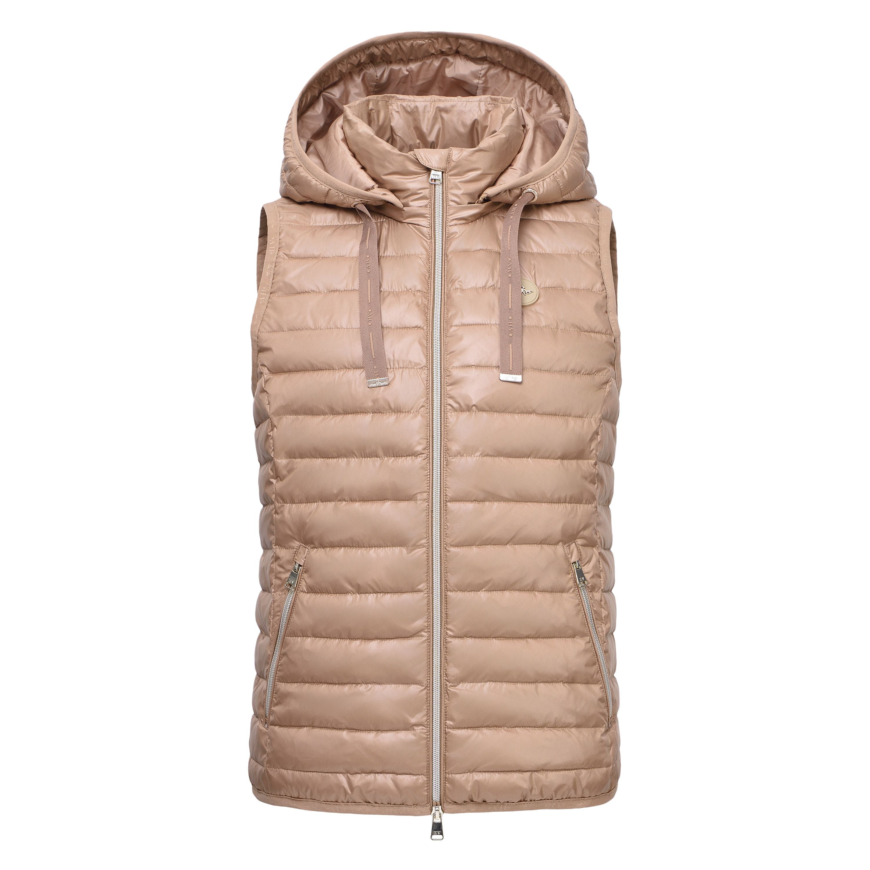 HV Society Ivanka beige hooded quilted gilet with zip front and side pockets – front product view