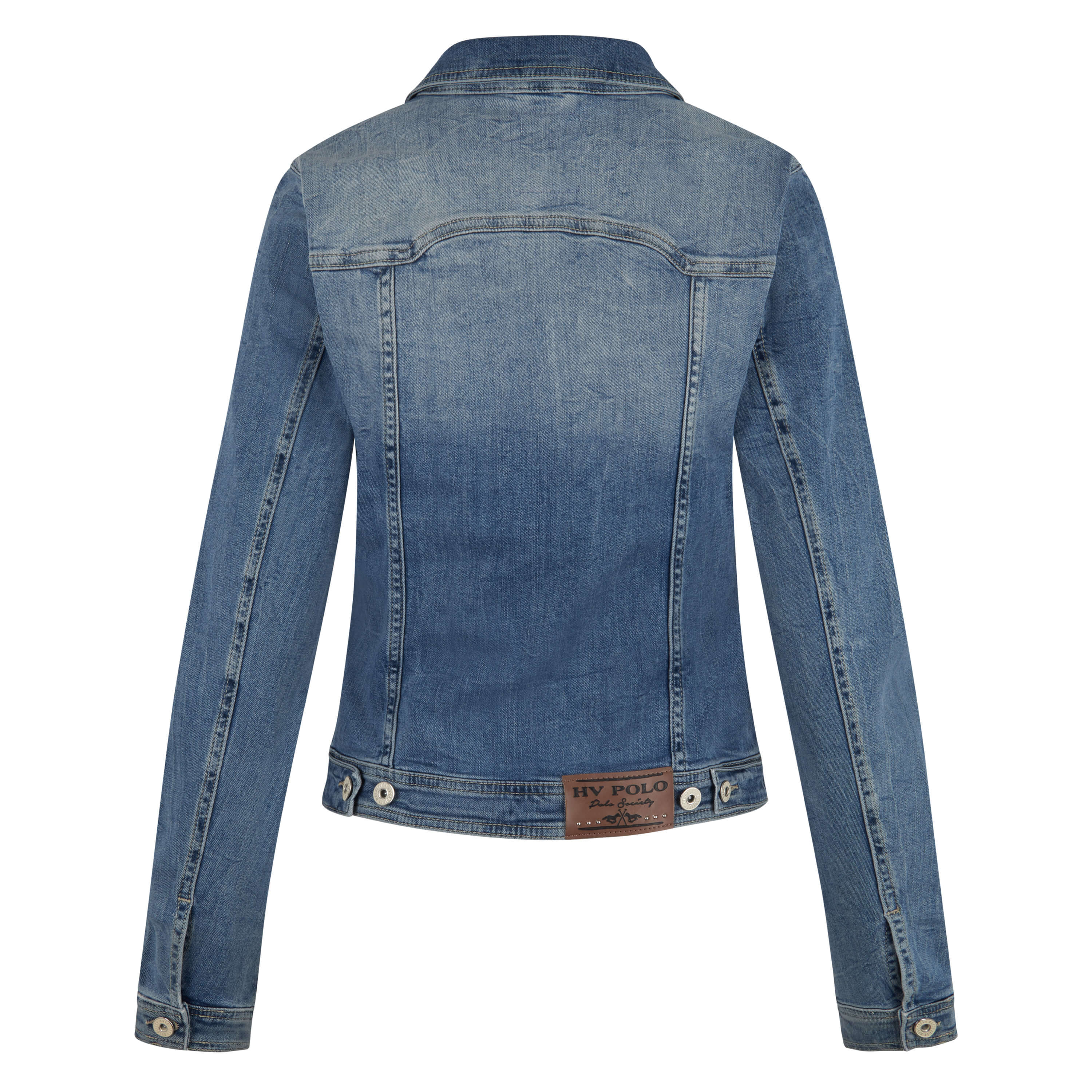 Back view of HV Society Aniek stretch cotton light wash jacket With adjustable hem