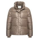 HV Society Adan taupe puffer jacket with funnel neck with snap button placket — front view.