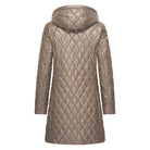 Back view of HV Society taupe long quilted coat with hood
