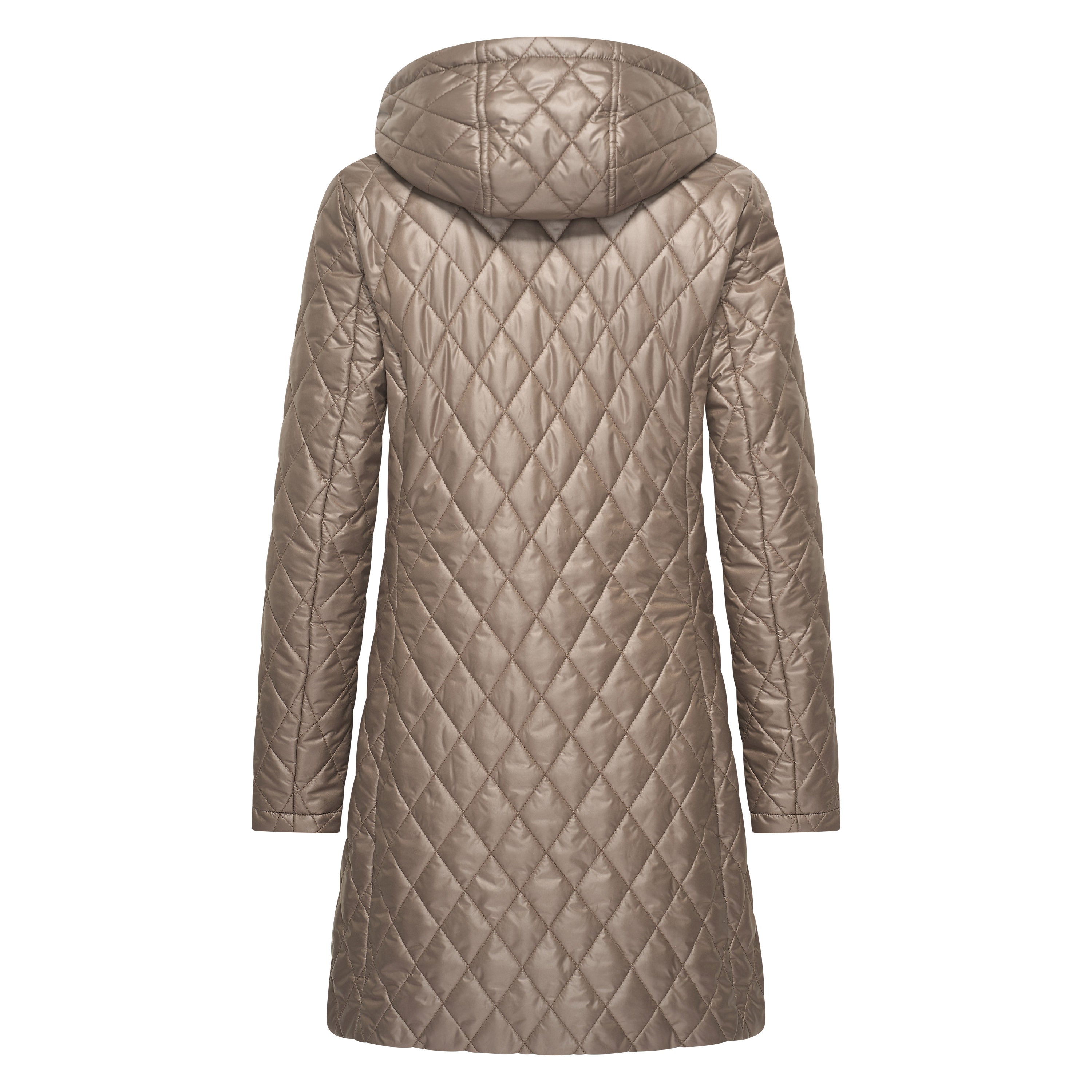 Back view of HV Society taupe long quilted coat with hood
