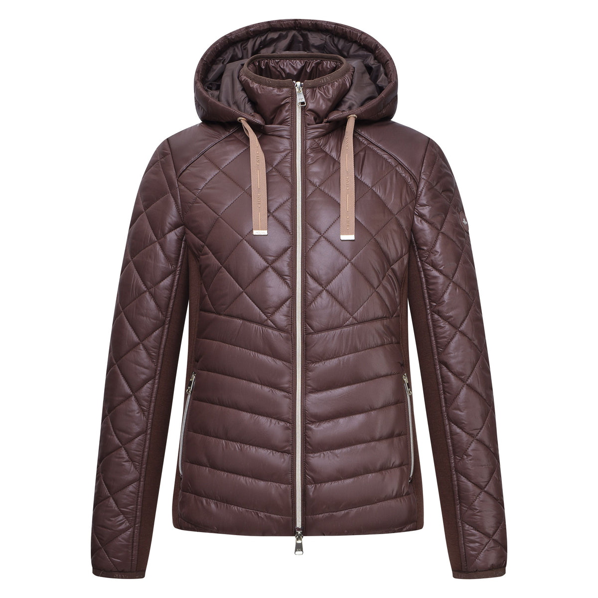HV Society Jamy chocolate brown hooded quilted jacket with two-way zip – front product view