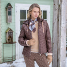  HV Society Jamy brown quilted hooded jacket with mixed quilting – lifestyle model view