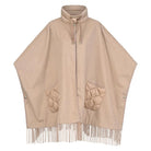 HV Society Siza camel wool blend fringed cape with quilted pockets
