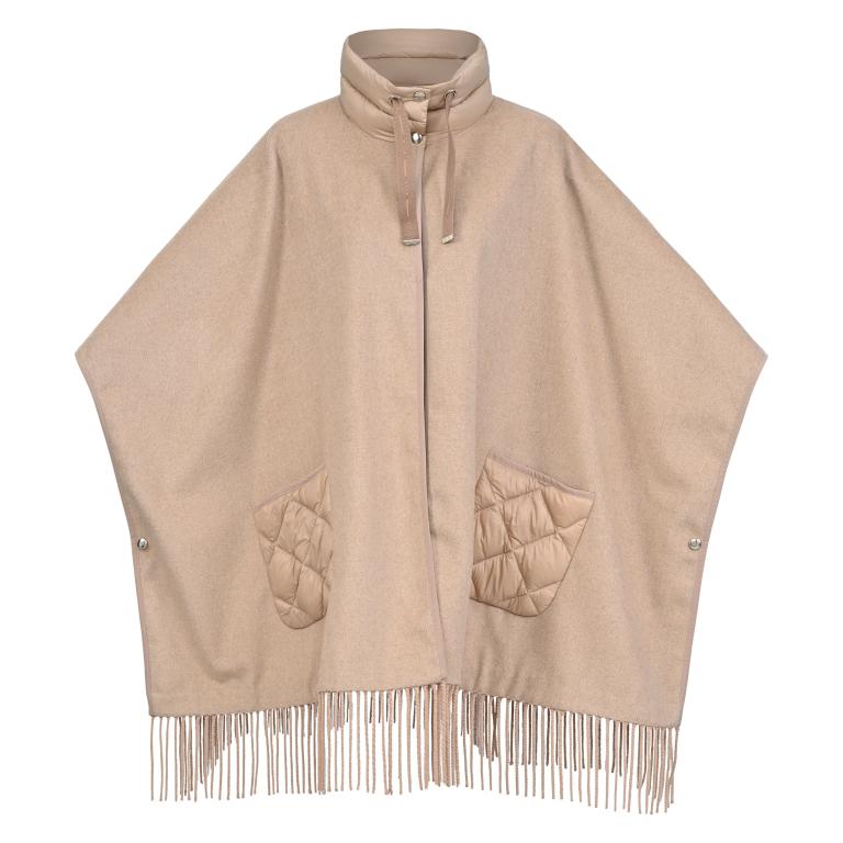 HV Society Siza camel wool blend fringed cape with quilted pockets