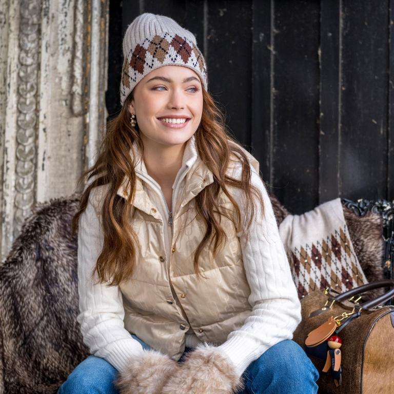 HV Society Judith neutral argyle knit beanie hat styled on model