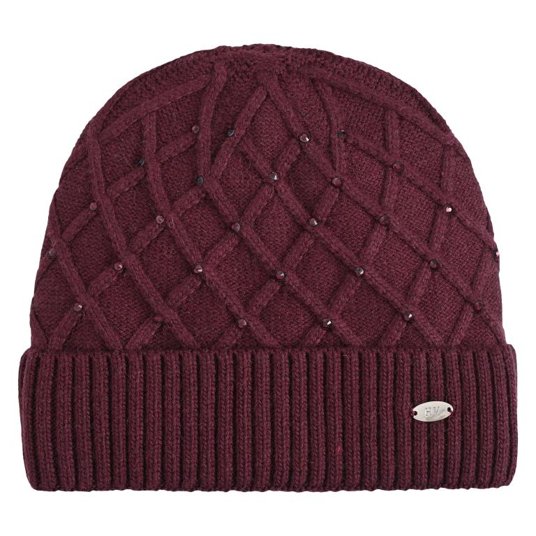     HV Society Juul burgundy embellished diamond knit beanie hat front view