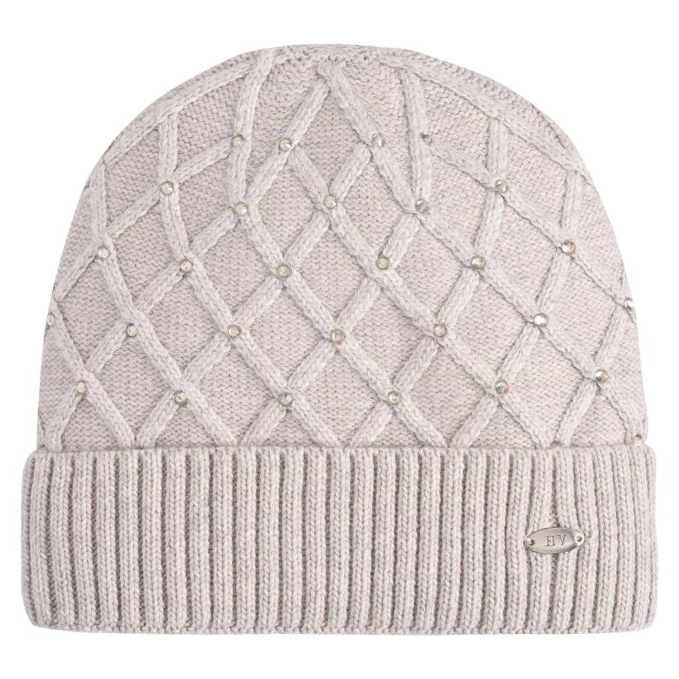 HV Society Juul cream embellished diamond knit beanie hat front view