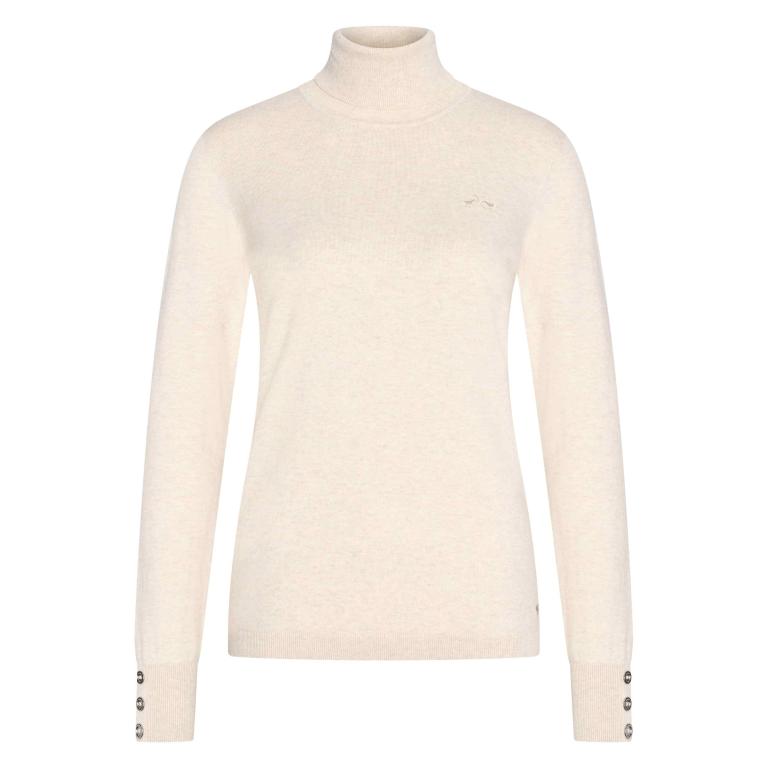 HV Society Lynda cream turtle neck jumper with gold button cuffs front view