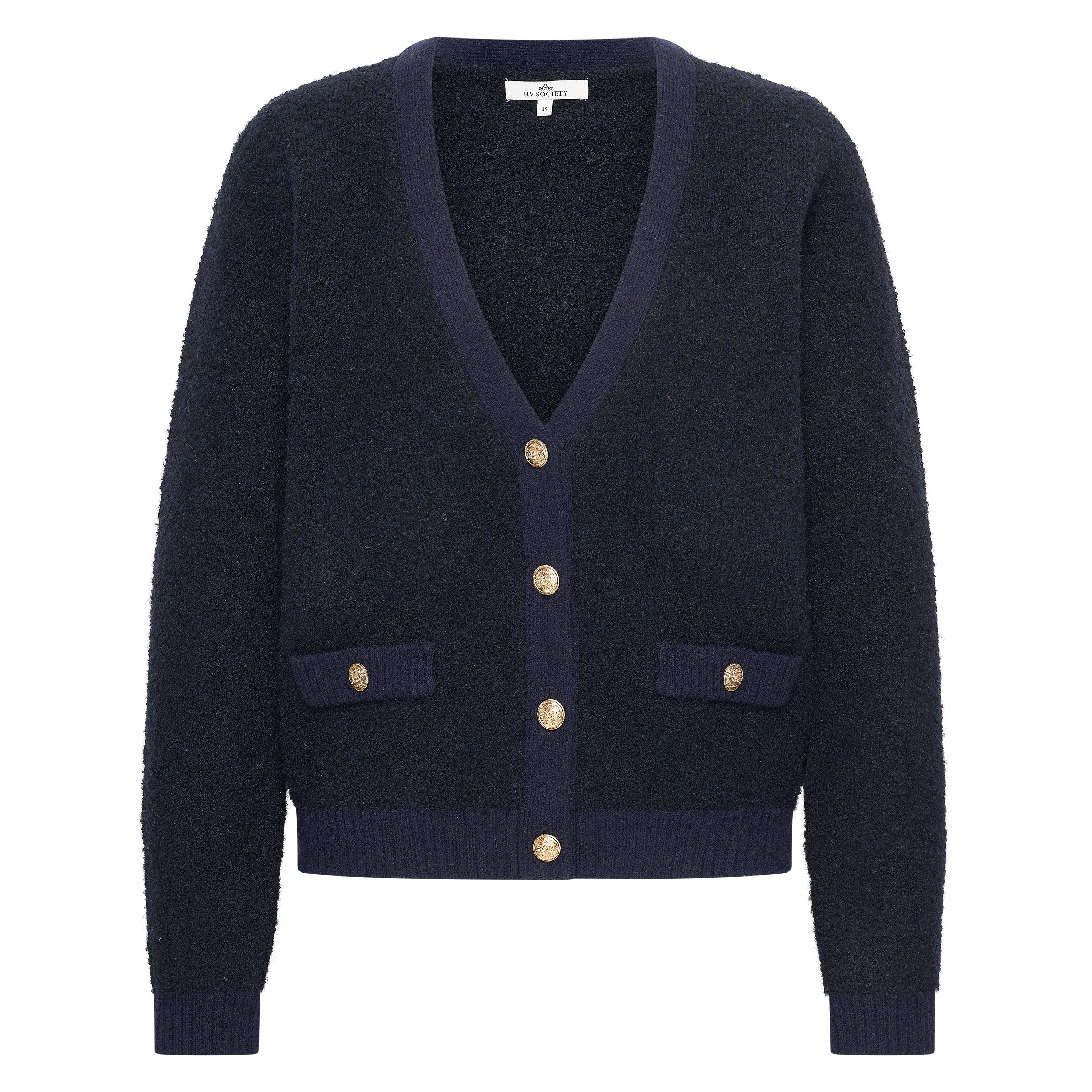 Hv Society Kian navy knitted cardigan with gold embossed buttons