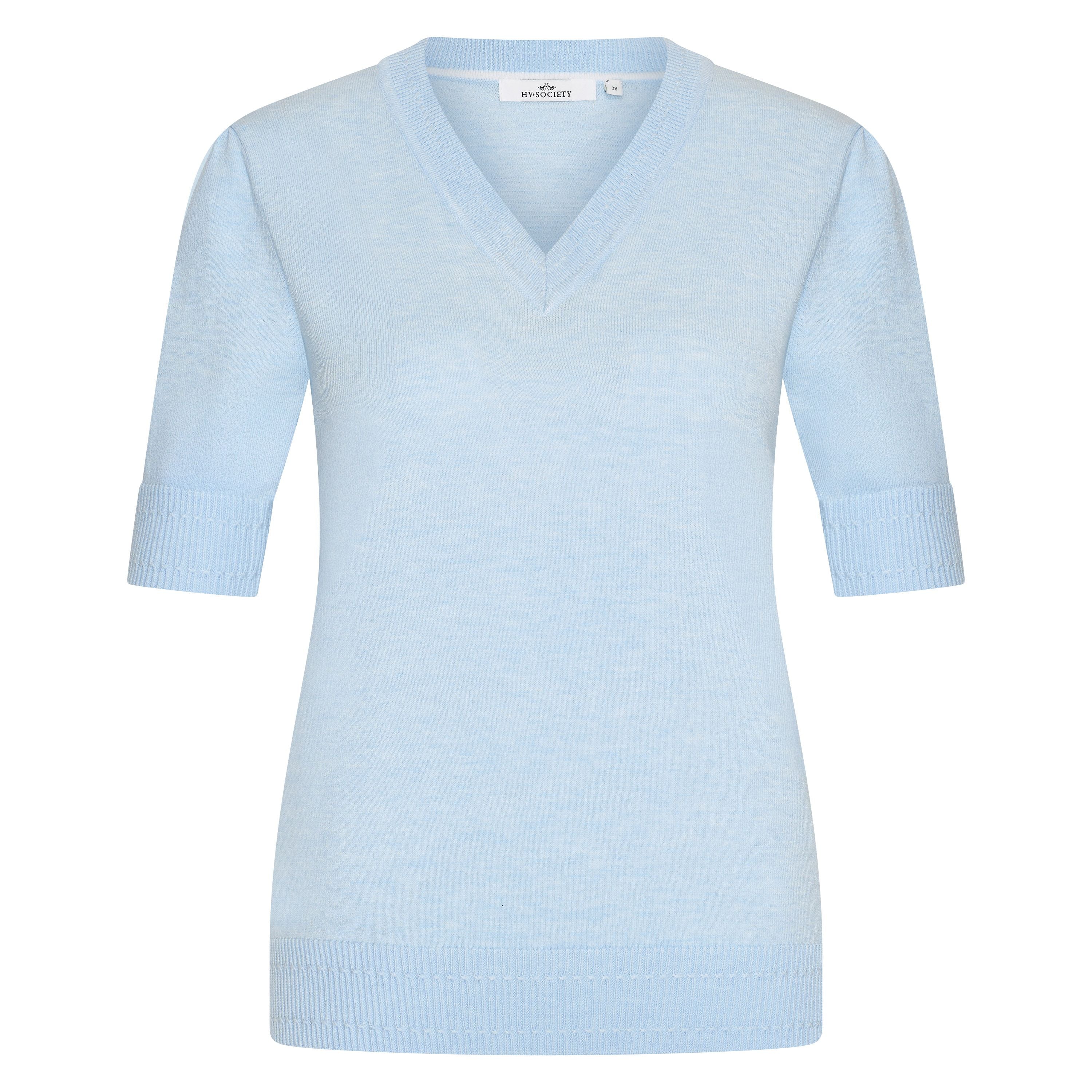 HV Society Berna light blue V-neck fine knit jumper with elbow sleeves – front product view