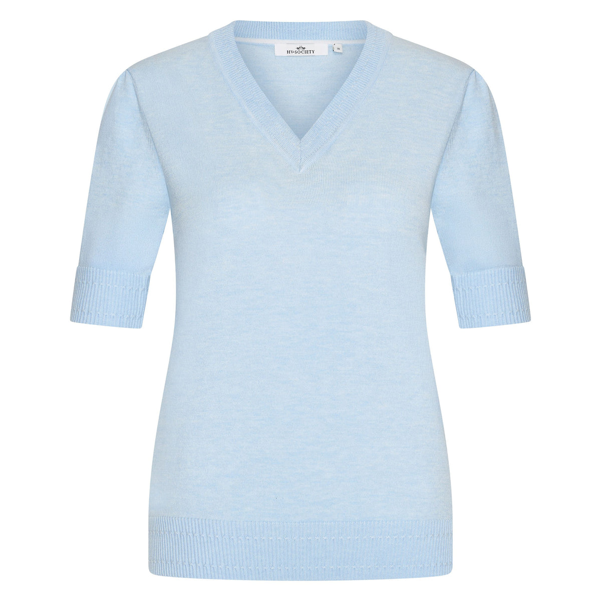 HV Society Berna light blue V-neck fine knit jumper with elbow sleeves – front product view