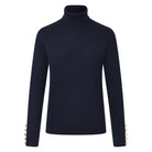 HV Society Yany navy roll neck jumper with gold button cuffs front view