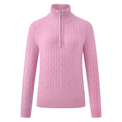 HV Society Zamara pink half zip cable knit jumper with high ribbed collar and long sleeves
