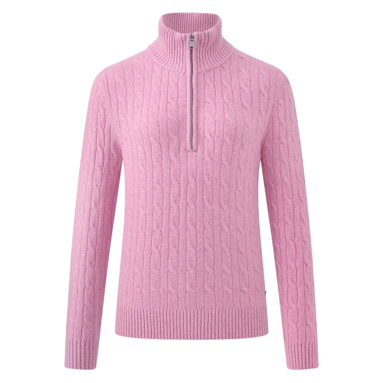 HV Society Zamara pink half zip cable knit jumper with high ribbed collar and long sleeves