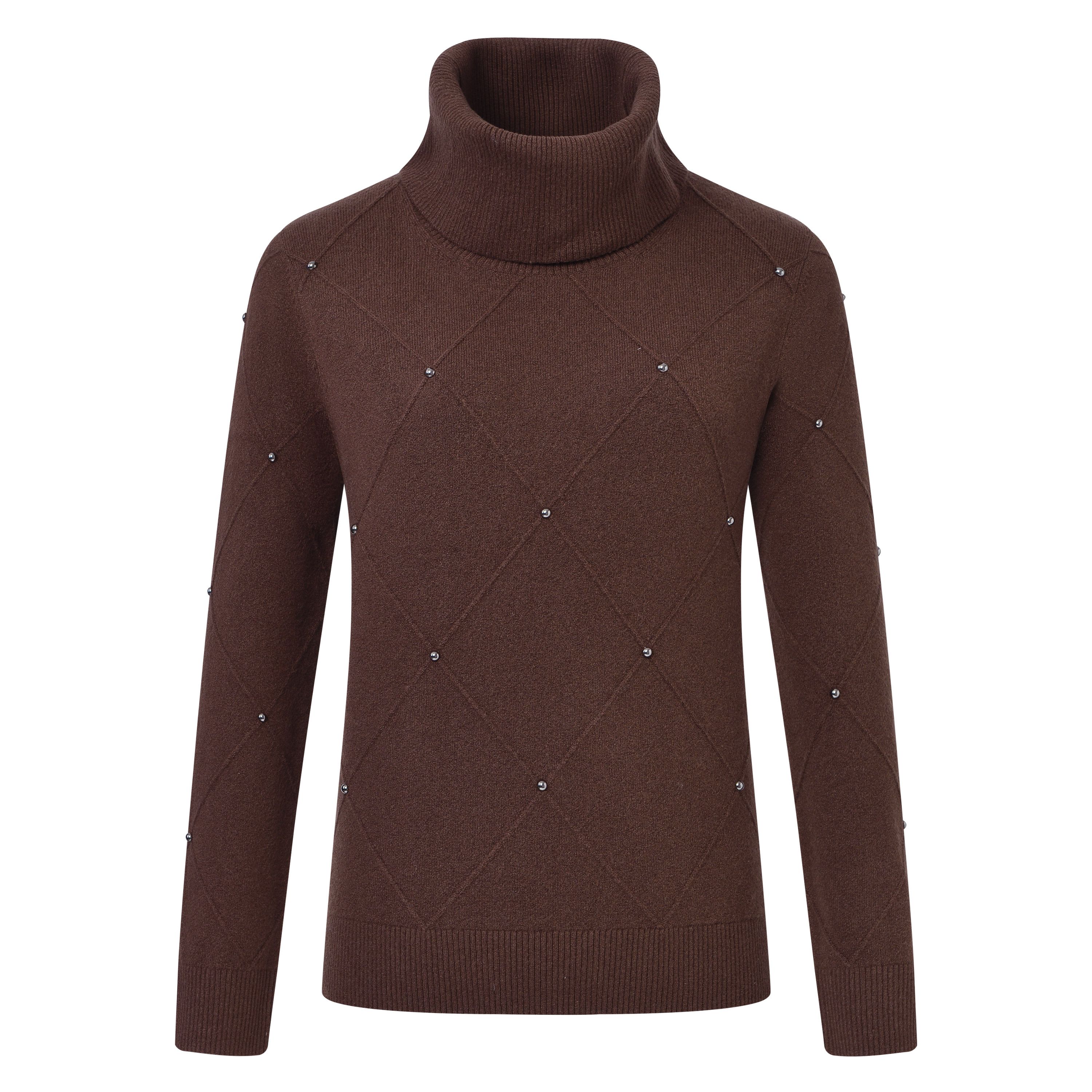 HV Society Zara chocolate brown embellished funnel neck jumper with textured diamond-knit pattern.