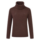 HV Society Zara chocolate brown embellished funnel neck jumper with textured diamond-knit pattern.