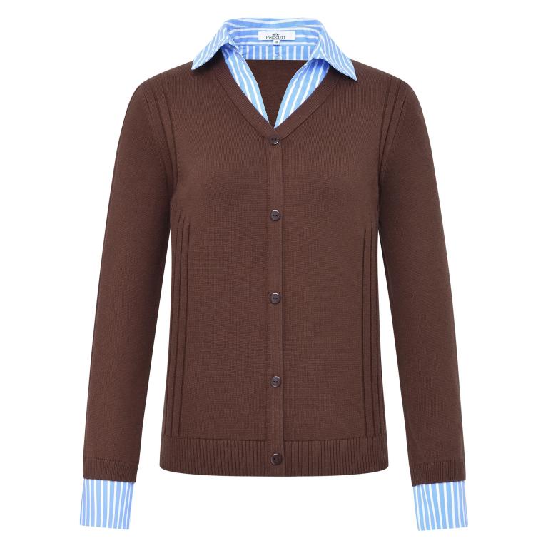 HV Society Vivian brown 2-in-1 cardigan with blue and white striped shirt collar and cuffs