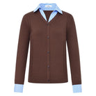 HV Society Vivian brown 2-in-1 cardigan with blue and white striped shirt collar and cuffs