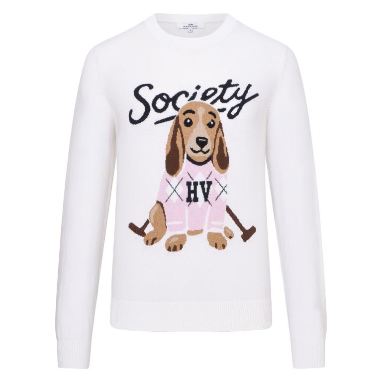 HV Society Valerie ivory dachaund dog motif knit jumper with pink argyle detail
